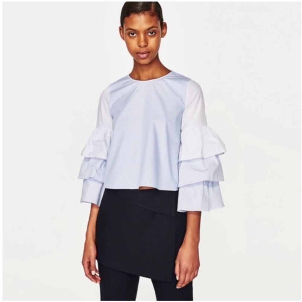 Zara Trafaluc collection blue three layer sleeve top blouse - Picture 2 of 7